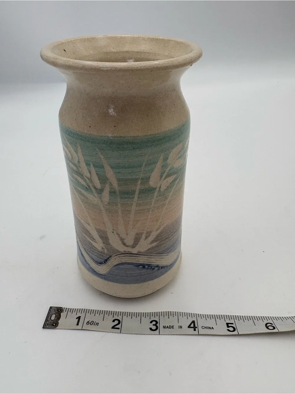Handcrafted Vintage Signed Duffy Ceramic Vase in Pastel Blue Pink and Cream